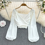 Fongt Fashion V-Neck Folded Collared Collared Collared Long-Sleeved Sleeve Cover Female Chic Short-Term Navel Blouse