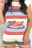 Women Streetwear Two Piece Set Shorts Outfits Print O Neck Tops Mid Waist Matching Suit Female Casual Loose Summer Stripe