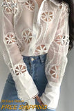 Lace White Blouse Women Hollow Out Flower Embroidery Shirt Sexy See Through Turn Down Collar Long Sleeve Top Blusa