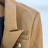 STREET Newest 2022 Designer Jacket Women's Lion Buttons Double Breasted Slim Fit Synthetic Leather Blazer Chocolate