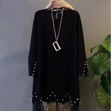 Winter New Fashion Midi Dress Casual Solid Color Lace Patchwork Commute Straight Korean Embroidered Flares O-Neck Dresses-Outfit