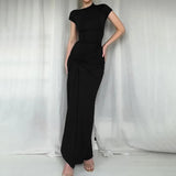 Fongt Knitted Round Collar Sexy Open Fork Dress Woman 2025 Summer New Stylish Black