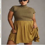 Fongt Parquet Small Turtleneck Dress Short Sleeve Pleated Knit Elegant Pure Color Slim Mini Dress Woman-Outfit