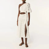 Fongt Dress Women 2025 Summer New Temperament Elegant Slanted Sloping Embroidery Open Fork Senior Sense Dress