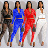 Fashion Women's Pure Color Net Gauze Hot Drill Long Sleeve Trousers Two-Piece Set-Outfit