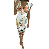 Fongt New Multi-Color Printing Dress V Collar Lotus Edges Sexy High-Waisted