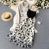 Temperament Short Double-Breasted Suit Jacket Female High-End Flocking Net Suspender Dress Foreign Style Two-Piece Suit-Outfit