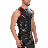 Fongt Men's Mirror PU Bright Leather Round Collar T-Shirt Slim Leisure Waterproof Sleeveless Vest No Smell-Outfit