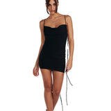 Fongt Summer New Women's Sexy Back Fashion One Word Collar Pleated Bag Hip Dress