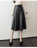 2022 Autumn Winter Women's Skirts Pu Leather Half-length Skirthigh-waist Mid-length A-line Skirt Elegant Splicing Women