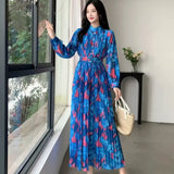 Fongt Women's Autumn Dress French Bubble Sleeves Long Heavy Industry Pressure Folds High-Grade Chiffon Floral Fall-In-Action Dress