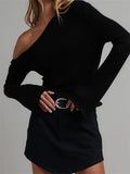 Knitted Long Flare Sleeve Solid Slim Fit T-shirts Top for Women Off Shoulder Casual Basic Tees Shirts Streetwear 2023-Outfit