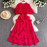 Fongt Women's Summer Design Sensing Splicing Round Collar Horn Sleeves To Close The Waist Thin Lace Lotus Side Dress