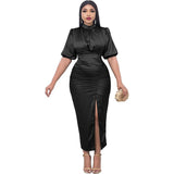High Neck Tight Skirt Elegant Elegant High Split Pleated Dress Women's Casual Solid Color Evening Dress-Outfit