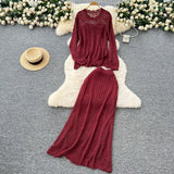 Fongt Wind High-End Sleek Crochet Knitting Set Of Women's Round Collar Long Sleeve Blouse High-Waisted Hip Skirt