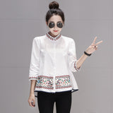 Fongt Autumn Dress New 2023 Shirt Women's Seven Minute Sleeve Versatile Standing Collar Embroidered A Figure Doll Shirt Jacket-Outfit