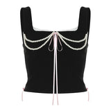 Fongt Pure Desire Girl Lace Splicing Bow Vest Back Strap Waist Slim Bottom Top-Outfit