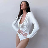 White V-Neck Draped Long Sleeve Bodysuit-Outfit
