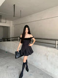 Black Pleated Strap Mini Dress-Outfit