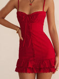 Red Lace Patchwork Buttoned Mini Dress-Outfit