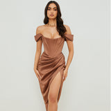 Fongt Women's Shoulder Strapless Fishbone Slim Slit Solid Color Fashion Sexy