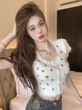 Sweet Embroidered Flower T-Shirt For Summer New Lace Splicing Short Cardigans In Repair Short-Sleeved