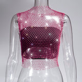 Fongt Nightclub Dresses Fishnet Hollow Out Rhinestone Vest Mesh Flash Diamond Sling Top
