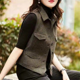 Brown Short Woolen Vest Jackets Women Spring Autumn Single-breasted Pocket Waistcoat Sleeveless Tank Outerwear Casual