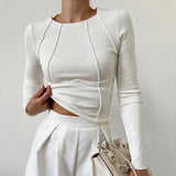 Fongt Shein New Spring Autumn New Sweet Spicy Solid Color Line Long-Sleeved Collar T-Shirt Girl