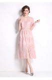 Fongt French Gentle Heavy Industry Embroidery V Zero Bubble Sleeve Dress Women's New Single Buckle Shed Skinny Dress