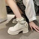 Fongt Mary Jane Women 2025 New Round Head Thick-Shoe White Pearl Bow With Skirt Thick-Soled Single Shoe