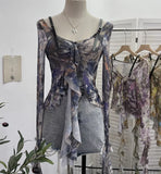 French Retro Oil Painting Wind Dyed Lotus Leaf Side Sling T-Shirts Long Sleeves Drifting Coat