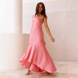 Woherb Spring Summer New Sexy Slanted Shoulder Strap Bare Back Fishtail Temperament Dress Woman