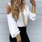 Women Elegant V-Neck Patchwork Print Button Blouse Shirts 2023 Spring Fashion Off Shoulder Pullover Tops Office Lady Slim