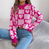 Fongt Autumn And Winter Lattice Love Lantern Sleeve Sweater Valentine's Day Women's Clothing