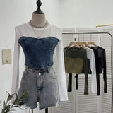 Fashion Fake Two Denim Splicing Mesh Long Sleeve Top Short Open Umbilion T-Shirt
