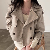 Fongt Chic Autumn And Winter French Vintage Suit Collar Double Breasted Pocket Small Loose Versatile Woolen Short Coat Woman-Outfit