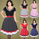 Cotton Pleated Skirt V-neck Dot Swing