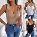 Spring And Summer Leisure Metal Buckle V-Neck Hollow Top Holiday Knitwear Women's