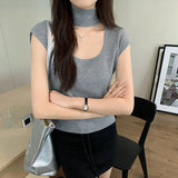 Sense Hanging Neck Shoulder Sleeveless Knitted Shirt Spring New Slim High Waist Short Vest Bottomed