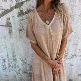 Fongt New Leisure Spring And Summer Loose Skirt Short-Sleeved V-Neck Solid Cotton Dress