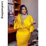 High Fashion Beaded Mesh Splicing Top Pleated Skirt Two-piece Suit African Women's Clothing-Outfit