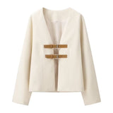 Fongt New Women's V-Neck Solid Color Bhise Tripty-Fitting With Soft Long-Sleeved Coat Loose Leisure Short
