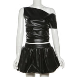 Black PU Leather Off-Shoulder And Pleated Mini Skirt Two Piece Set-Outfit