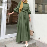 Muslim Clothing Women's Maxi Sundress 2022 Spring Long Sleeve Kaftan Belted Vestidos Casual Solid Loose Abaya Long