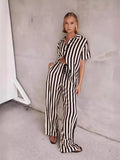 Fongt Summer Women's Fashion Casual Polo Collar Stripe Color Patchwork Short Sleeve Set 88175-Outfit