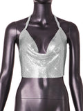 Fongt New Sexy Nightclub Slim Type Metal Sequins Hanging Neck Dew Back Vest Female