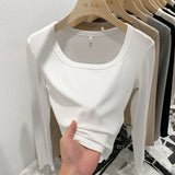 New Spring And Autumn Style Threaded Square Collar Long-Sleeved T-Shirt Women's High Waist Leaky Navel Minority Solid Color