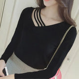 Fongt 2024 New V-Neck Slim Black Long-Sleeved T-Shirt Female Collarbone Niche Large Size White Hollow-Out Top-Outfit