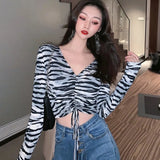 Women Zebra Stripe Tee Shirt V Neck Sexy Crop Top Blouse Long Sleeve Lace Up Basic Party Club Clothes Autumn 2023-Outfit